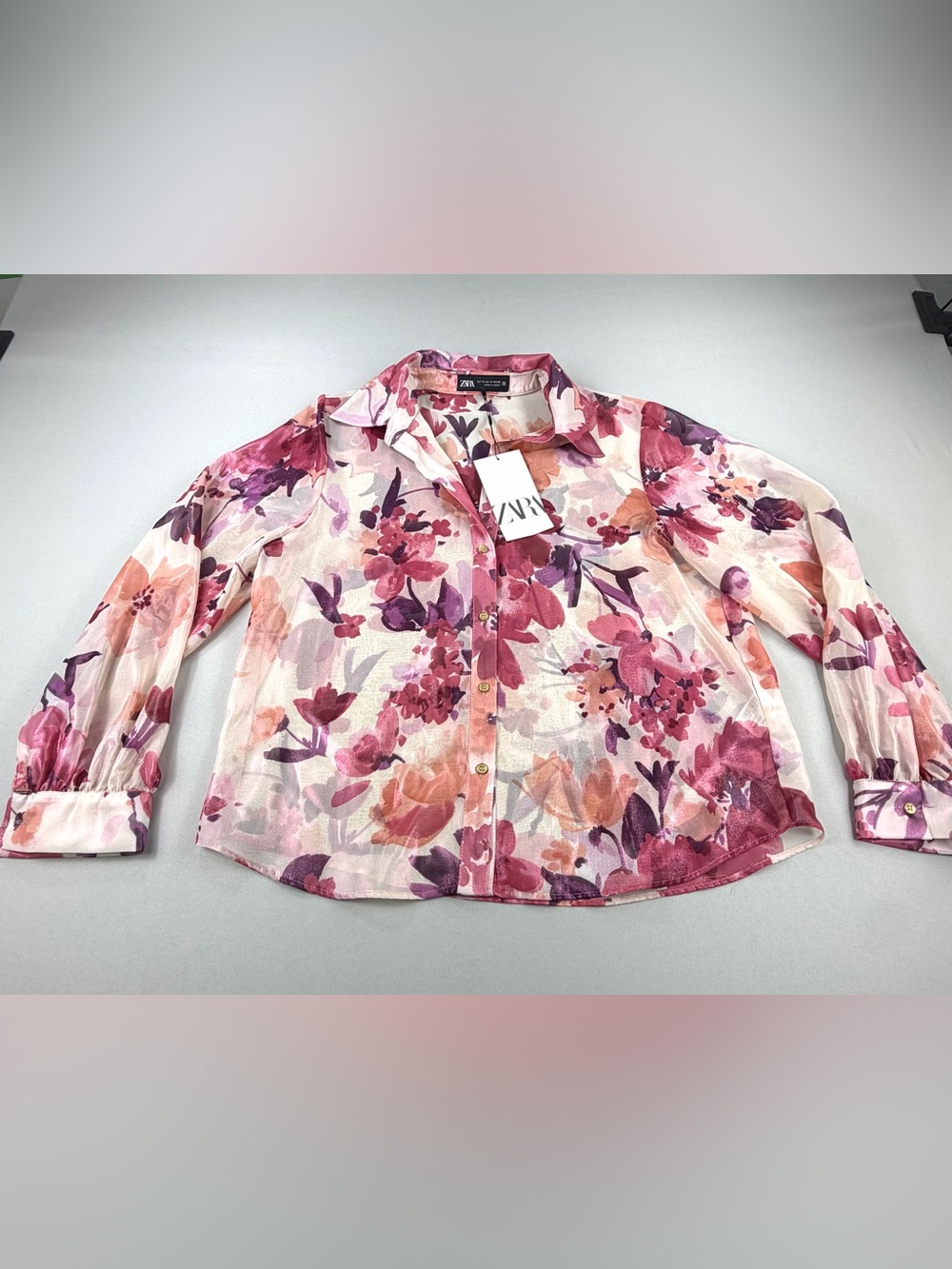 Zara NWT Floral Sheer Button Down Blouse Pink Purple Watercolor Shirt M